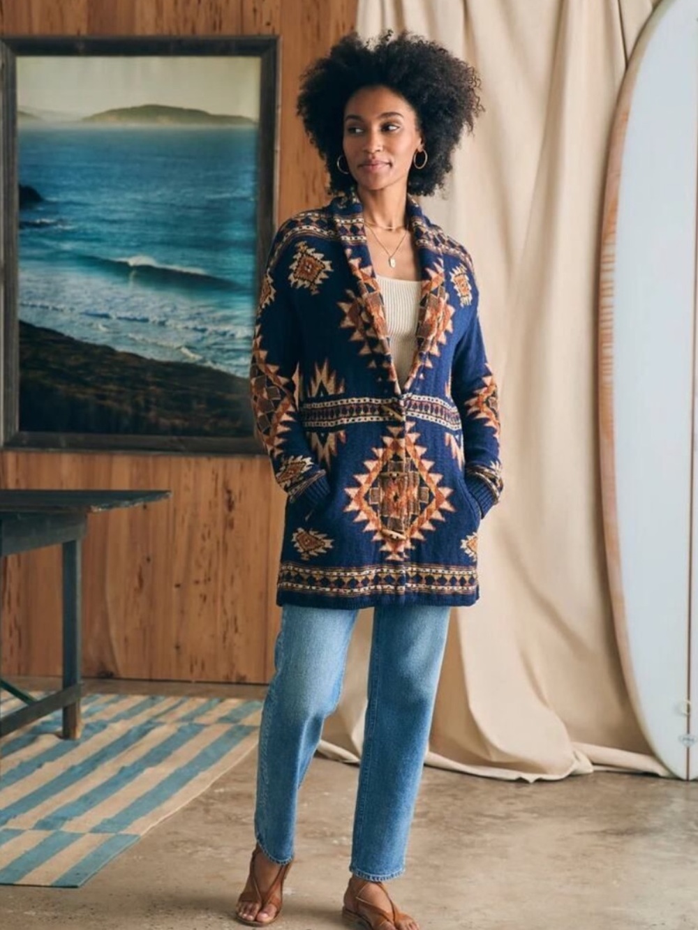 Faherty Navy Aztec Patterned Lodge Toggle Cardigan
